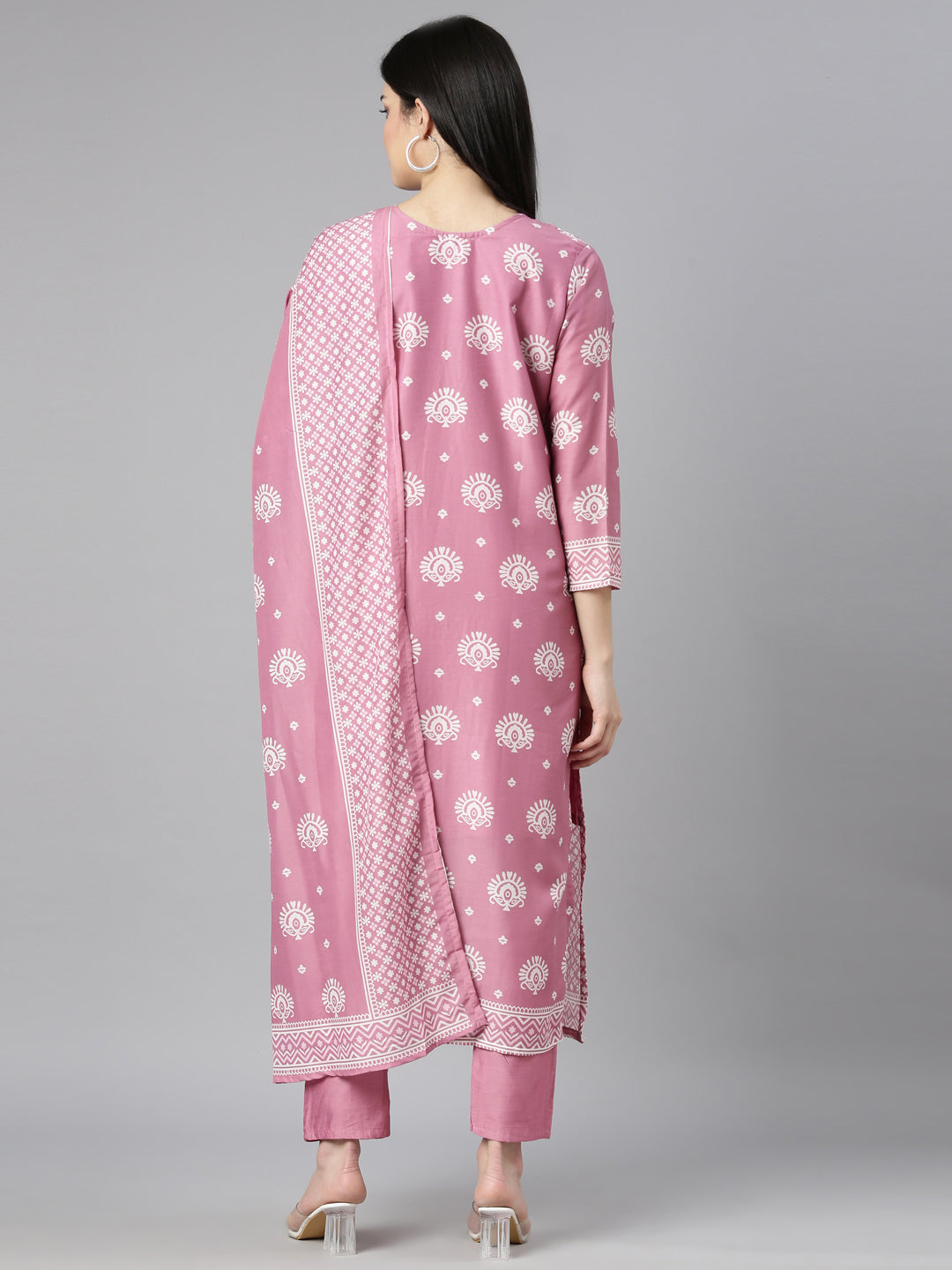 Neerus Pink printed floral kurta set with trouser and dupatta - side view