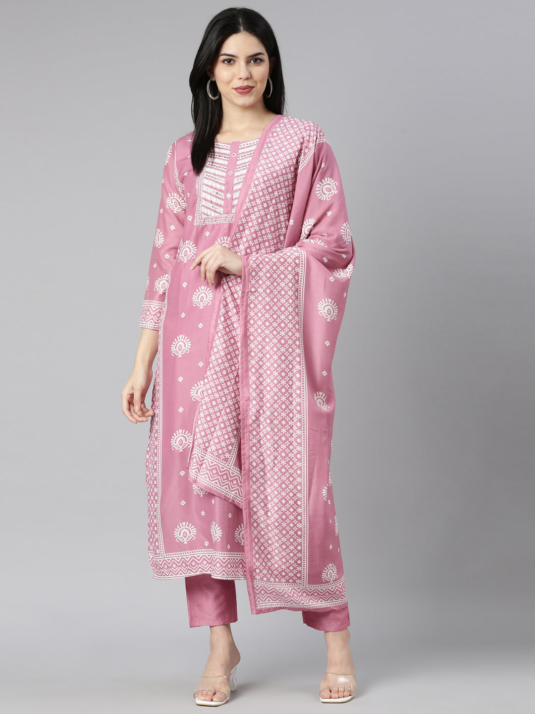 Neerus Pink printed floral kurta set with trouser and dupatta - detail view 2