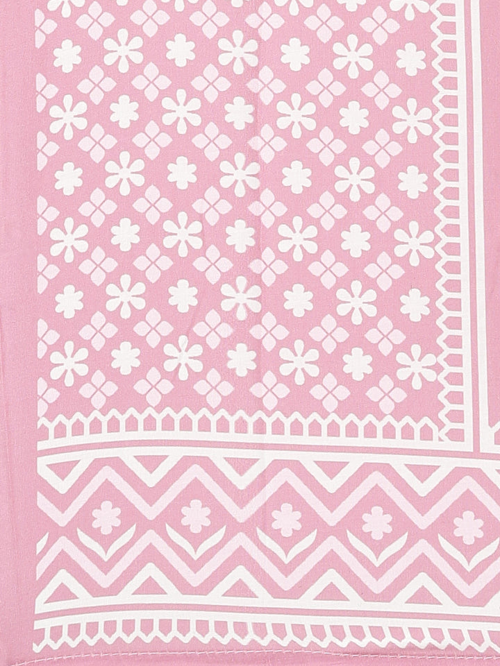 Neerus Pink printed floral kurta set with trouser and dupatta - detail view 4