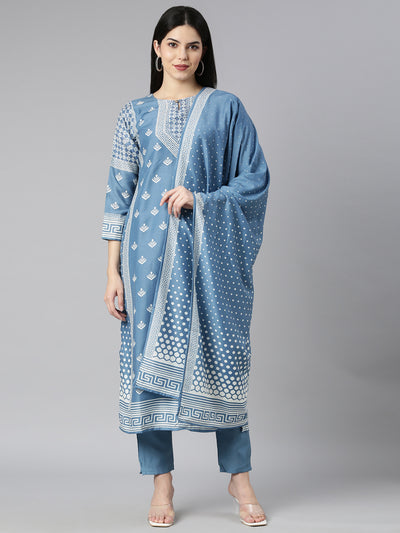 Neerus Blue Regular Straight Floral Kurta And Trousers With Dupatta