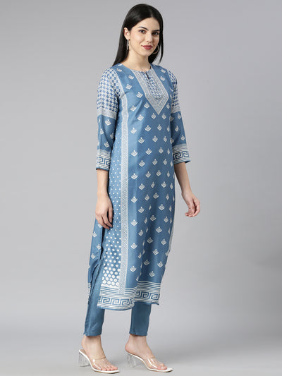 Neerus Blue Regular Straight Floral Kurta And Trousers With Dupatta