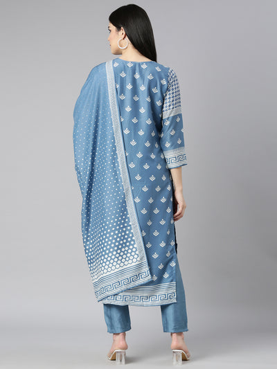 Neerus Blue Regular Straight Floral Kurta And Trousers With Dupatta