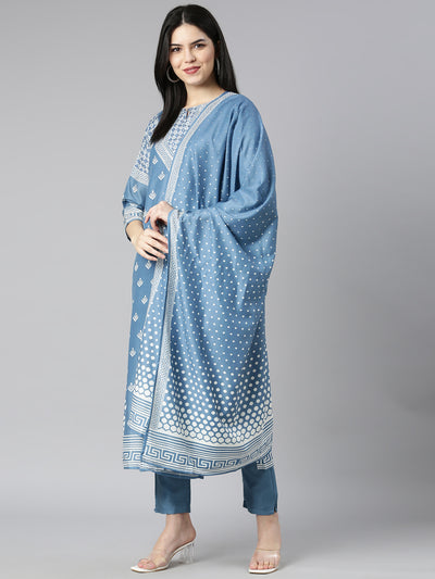 Neerus Blue Regular Straight Floral Kurta And Trousers With Dupatta