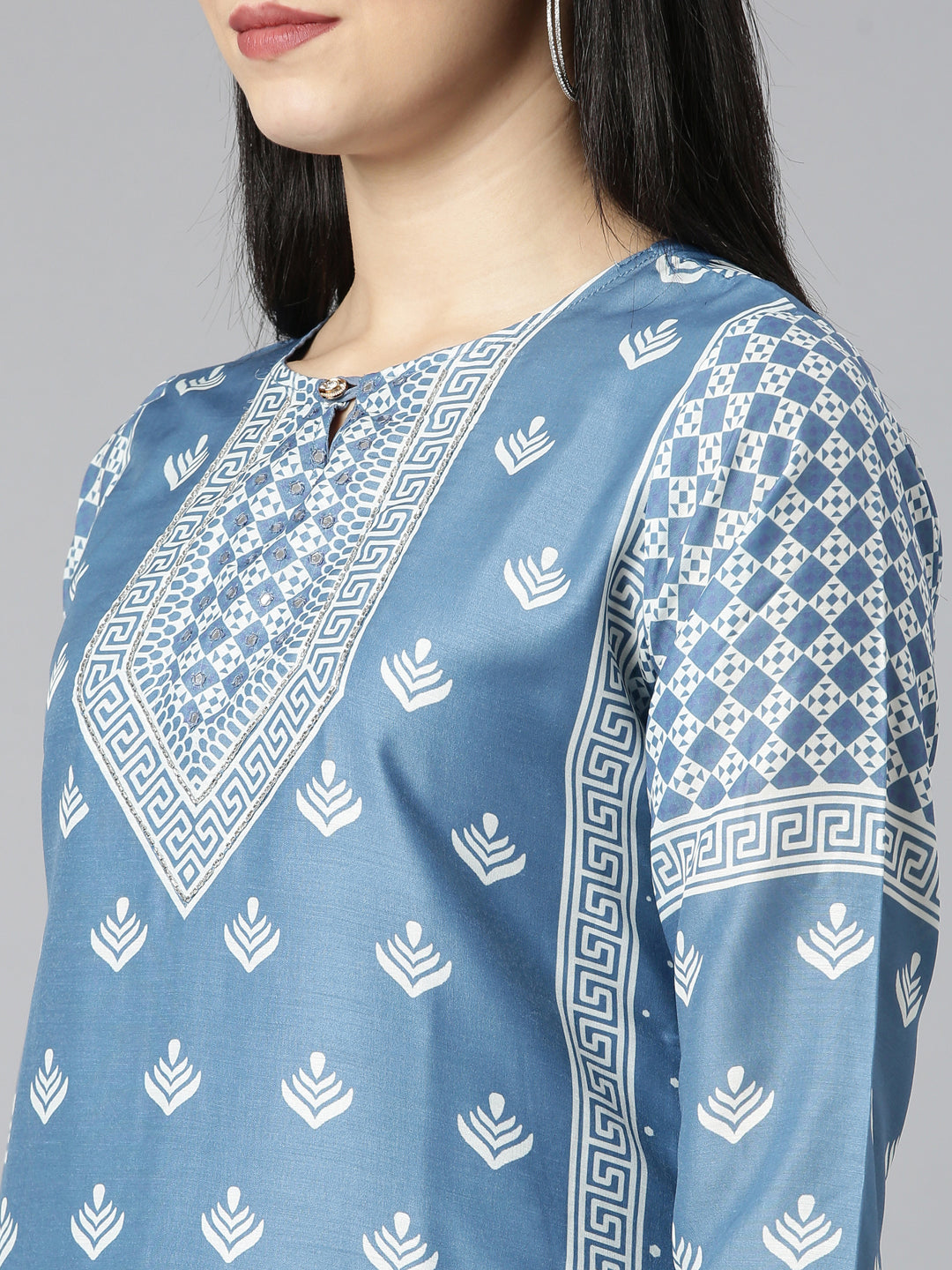 Neerus Blue Regular Straight Floral Kurta And Trousers With Dupatta
