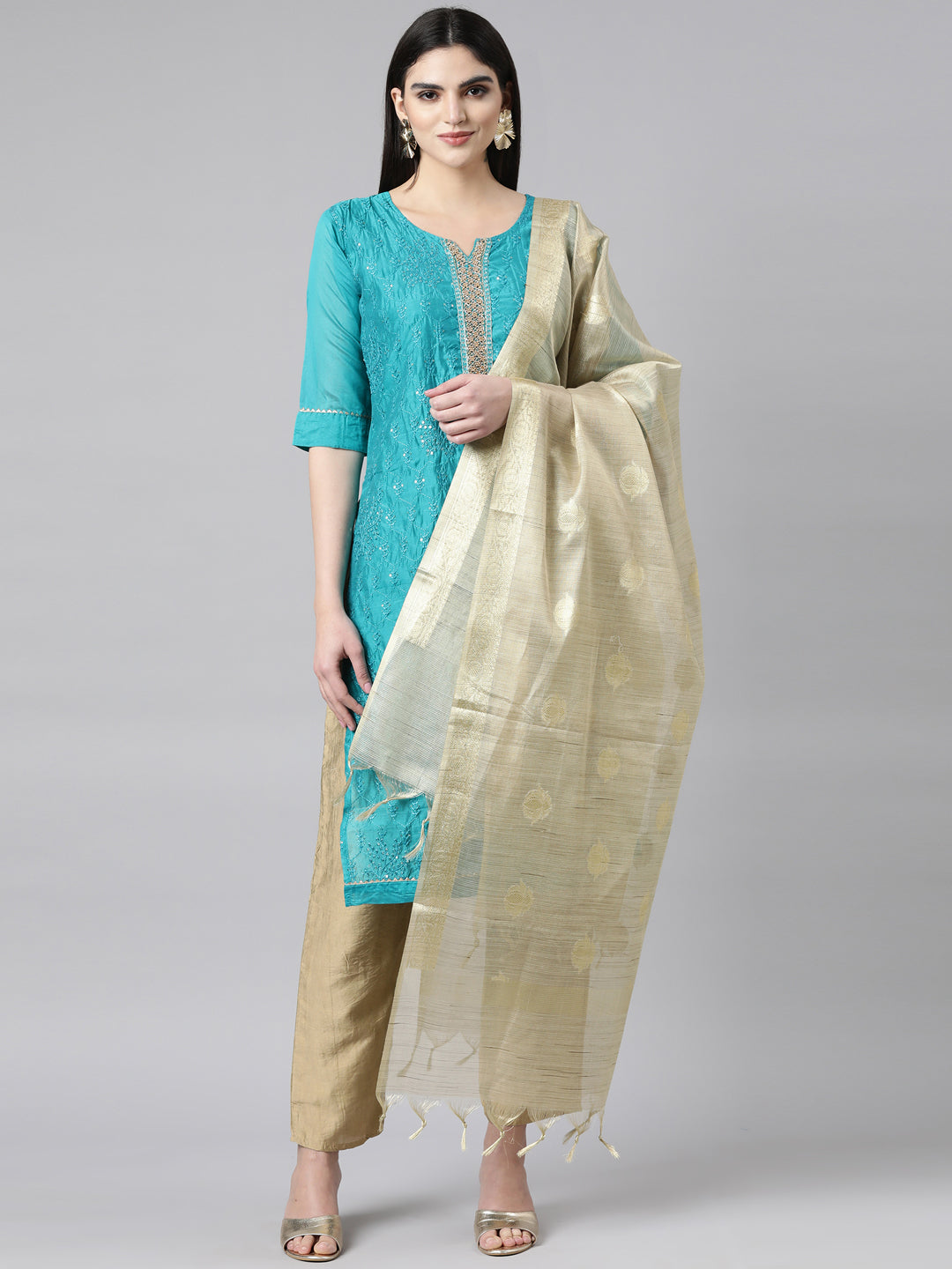 Neerus Blue printed floral suit set straight kurta with trouser and dupatta - front view