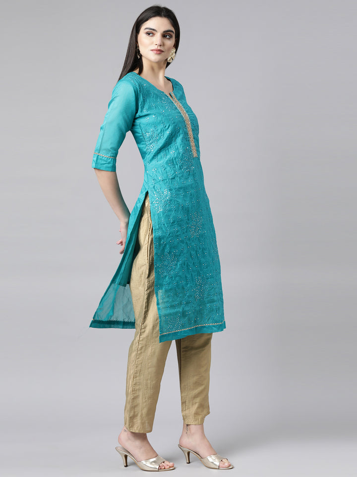 Neerus Blue printed floral suit set straight kurta with trouser and dupatta - back view