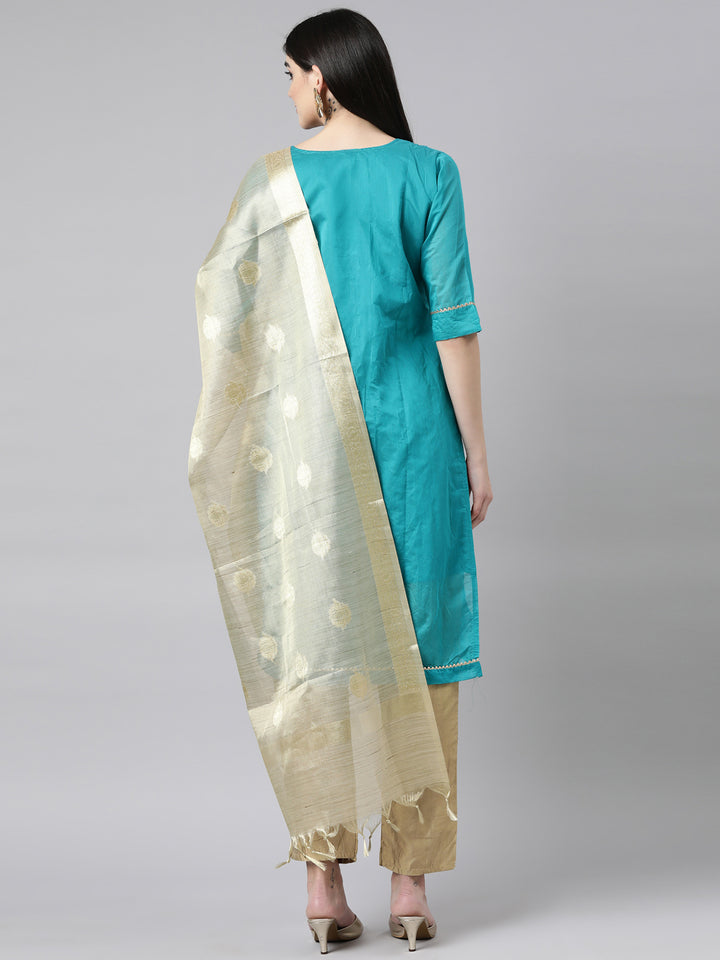 Neerus Blue printed floral suit set straight kurta with trouser and dupatta - side view