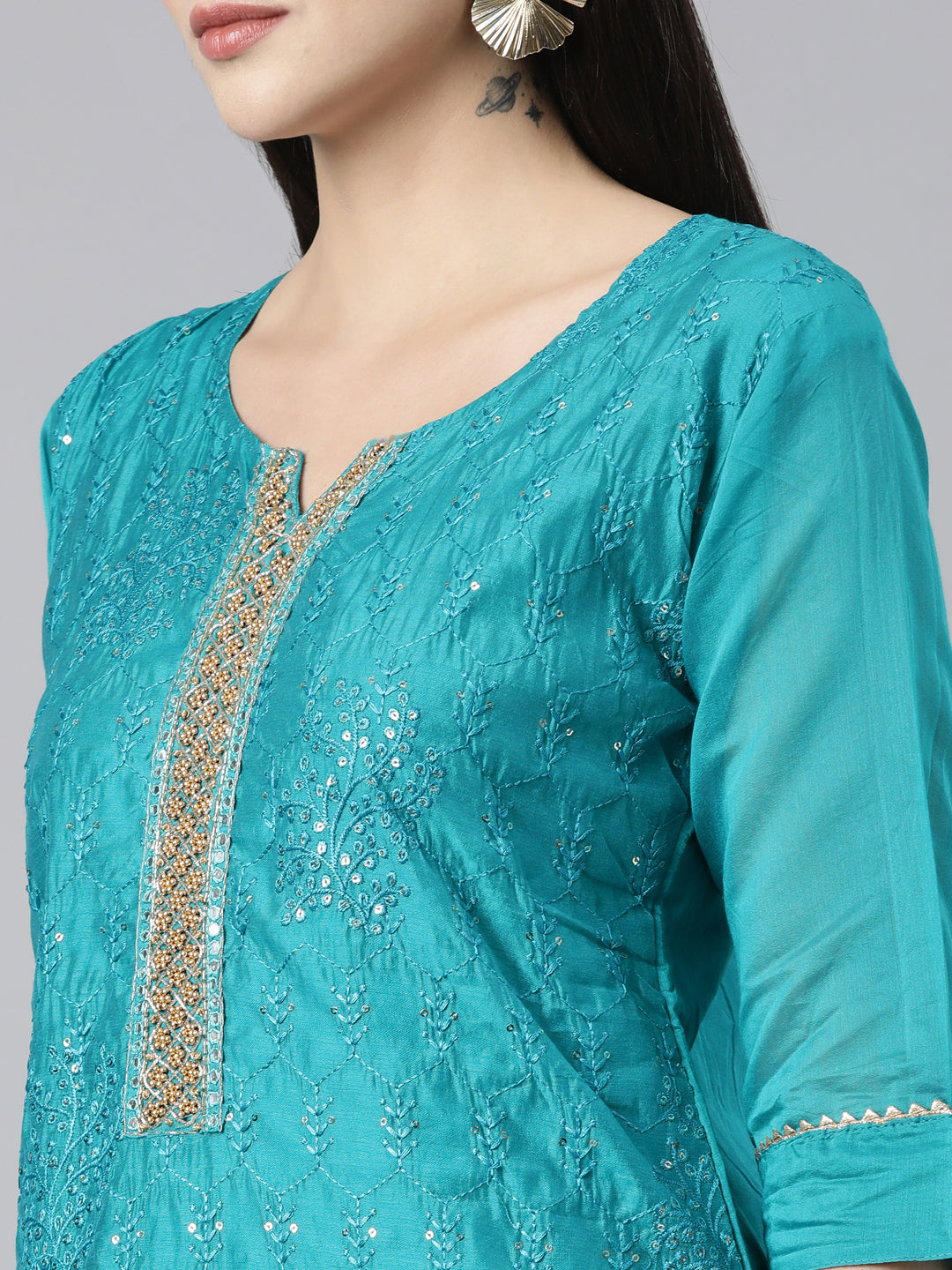 Neerus Blue printed floral suit set straight kurta with trouser and dupatta - detail view 1