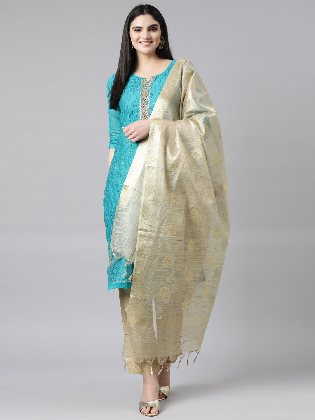 Neerus Blue printed floral suit set straight kurta with trouser and dupatta - detail view 2