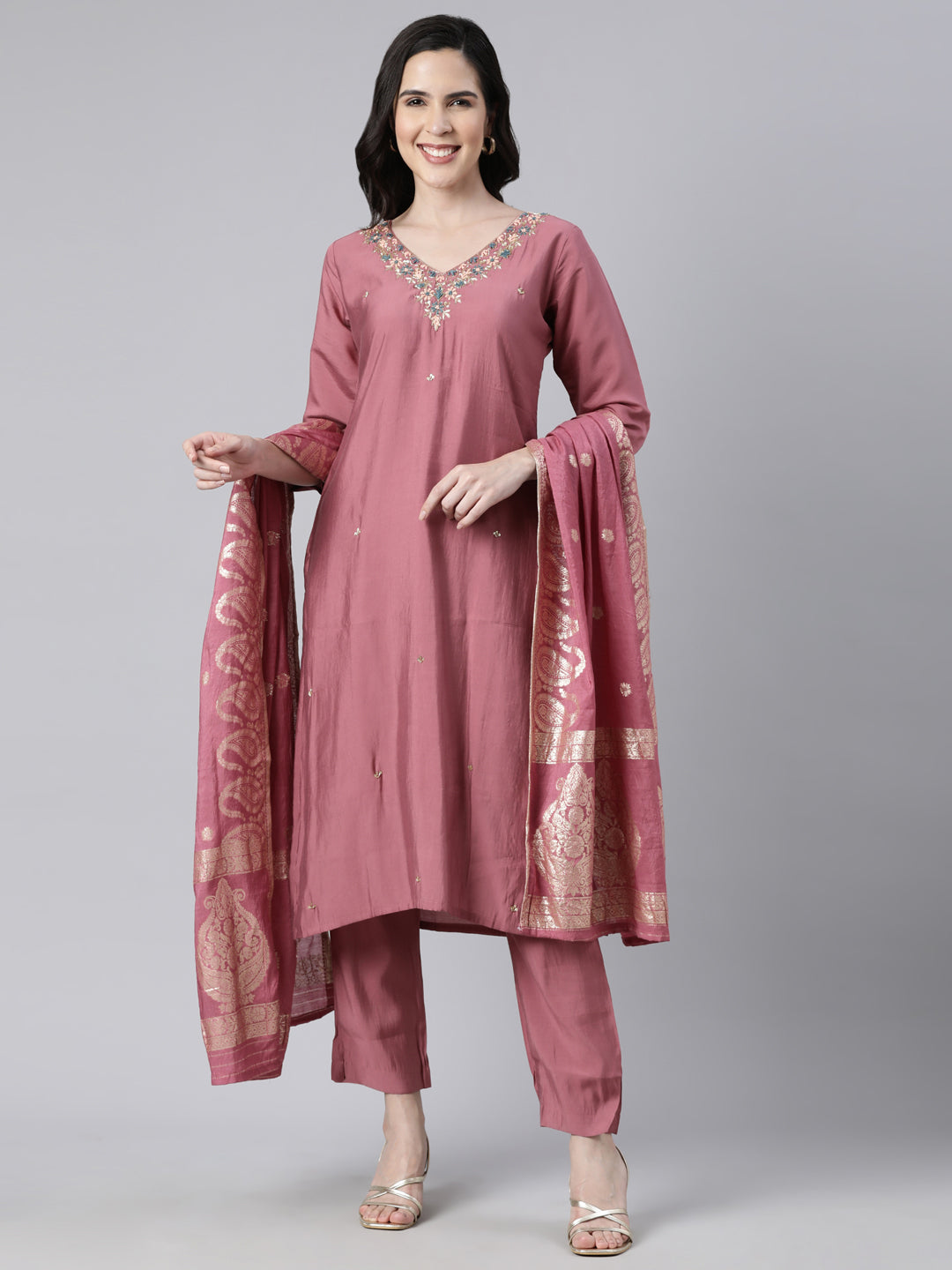 Neerus Pink solid straight suit set kurta trouser dupatta - front view