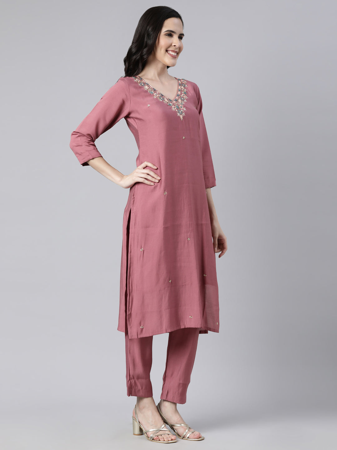 Neerus Pink solid straight suit set kurta trouser dupatta - back view