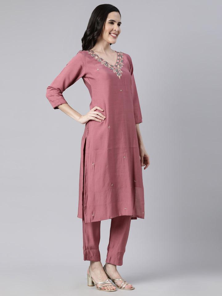 Neerus Pink solid straight suit set kurta trouser dupatta - back view