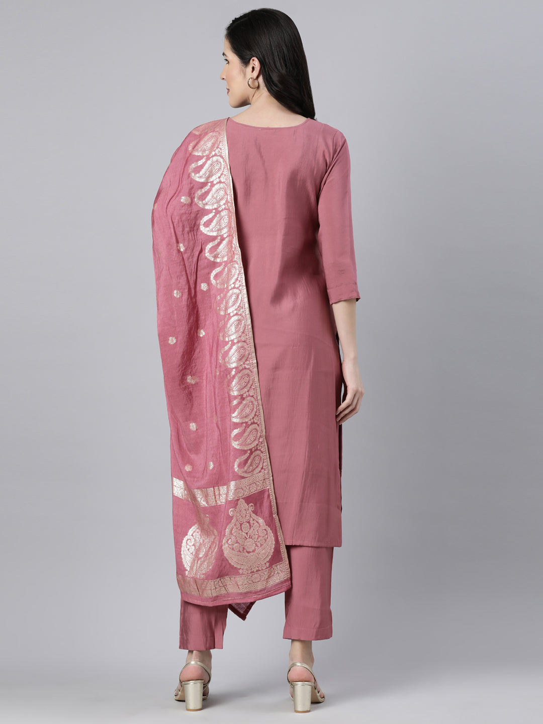 Neerus Pink solid straight suit set kurta trouser dupatta - side view