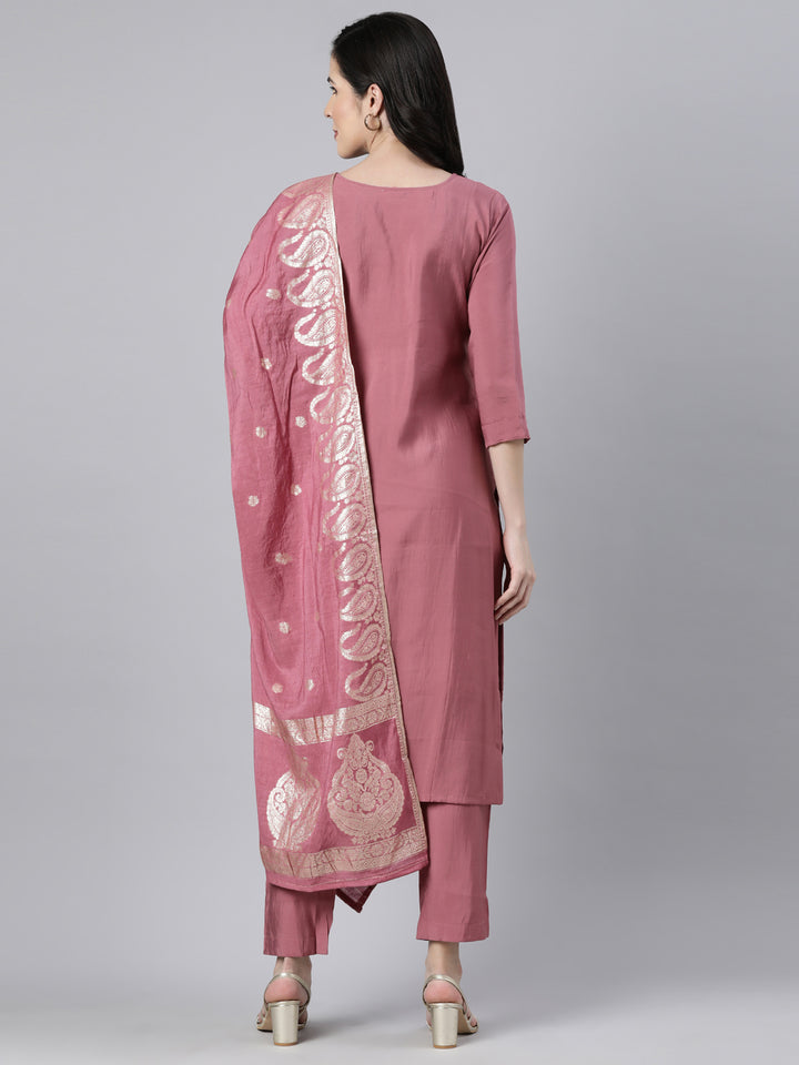 Neerus Pink solid straight suit set kurta trouser dupatta - side view