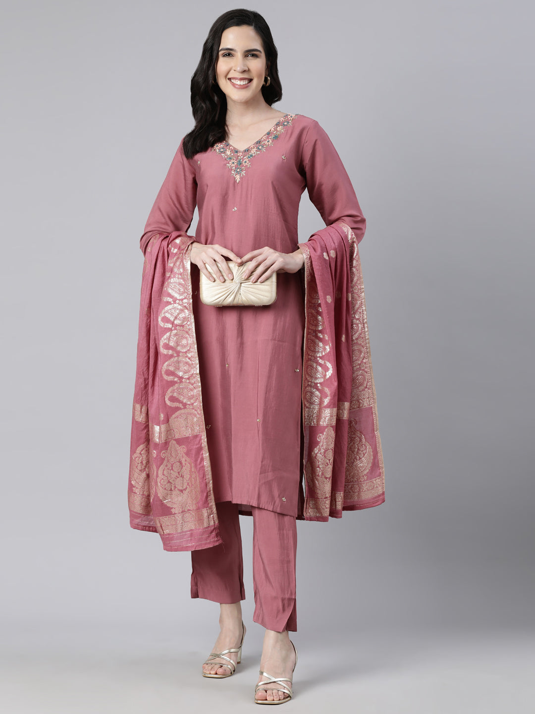 Neerus Pink solid straight suit set kurta trouser dupatta - detail view 2