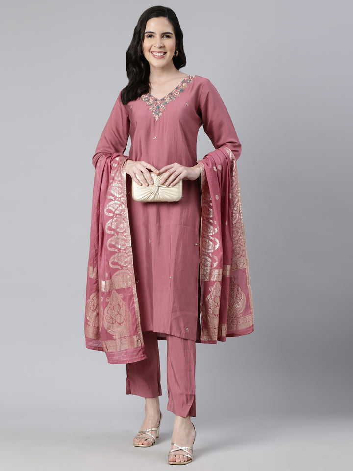 Neerus Pink solid straight suit set kurta trouser dupatta - detail view 2