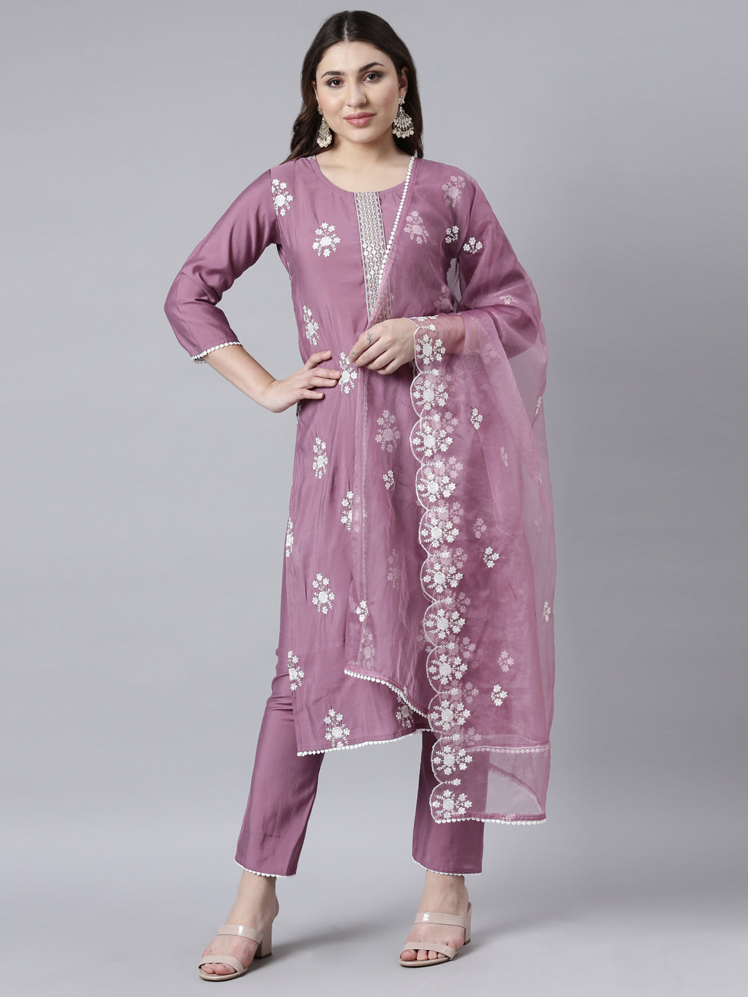 Neerus Lavender Regular Straight Floral Kurta And Trousers With Dupatta