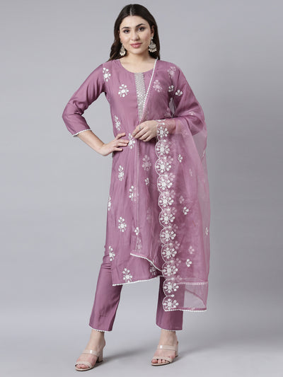 Neerus Lavender Regular Straight Floral Kurta And Trousers With Dupatta