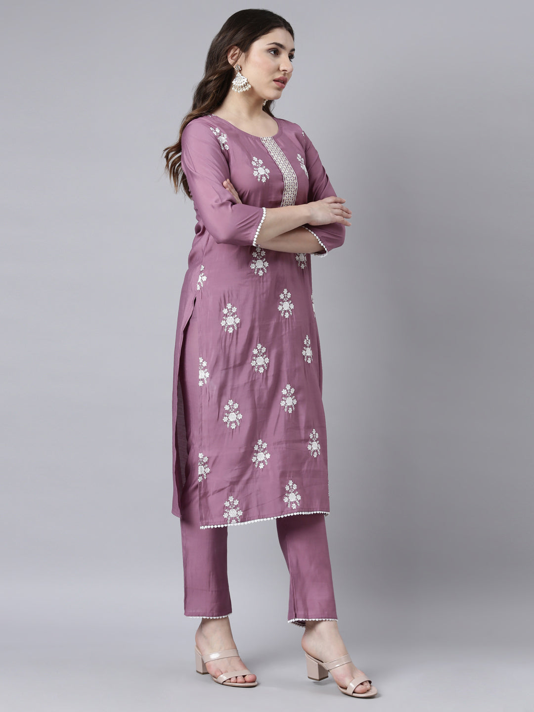 Neerus Purple floral printed straight suit set - back view