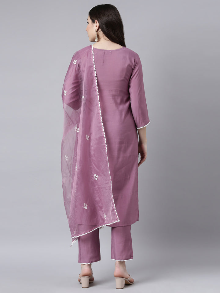 Neerus Purple floral printed straight suit set - side view