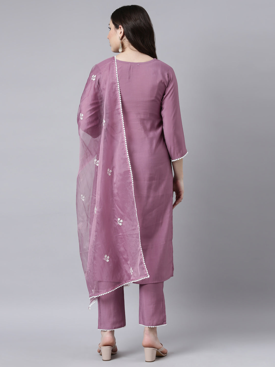 Neerus Lavender Regular Straight Floral Kurta And Trousers With Dupatta