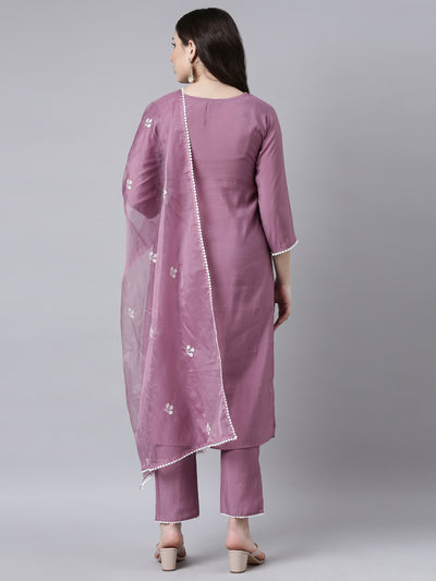 Neerus Lavender Regular Straight Floral Kurta And Trousers With Dupatta