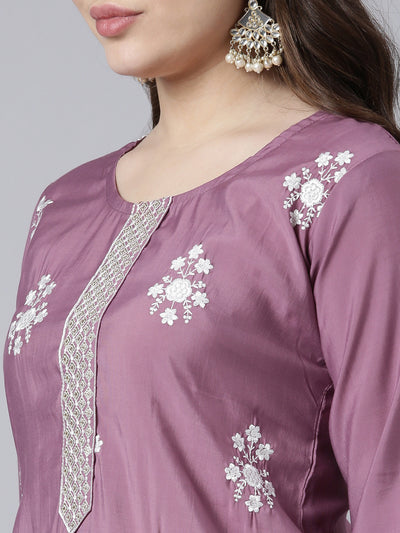 Neerus Lavender Regular Straight Floral Kurta And Trousers With Dupatta