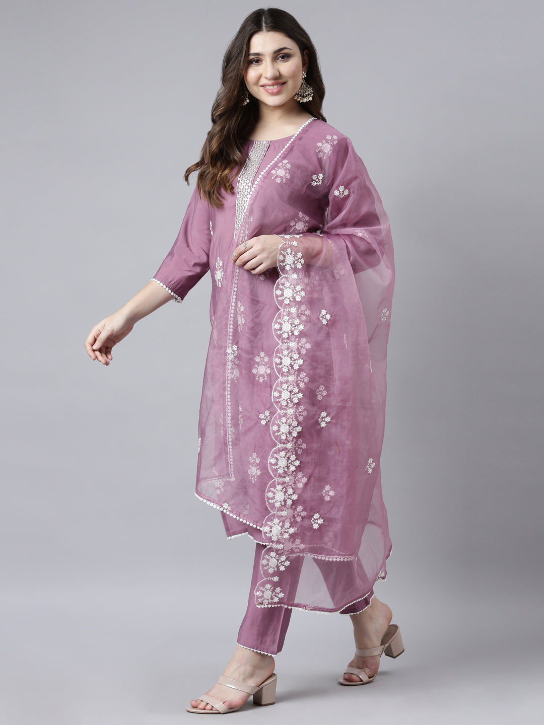 Neerus Lavender Regular Straight Floral Kurta And Trousers With Dupatta