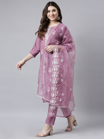 Neerus Lavender Regular Straight Floral Kurta And Trousers With Dupatta