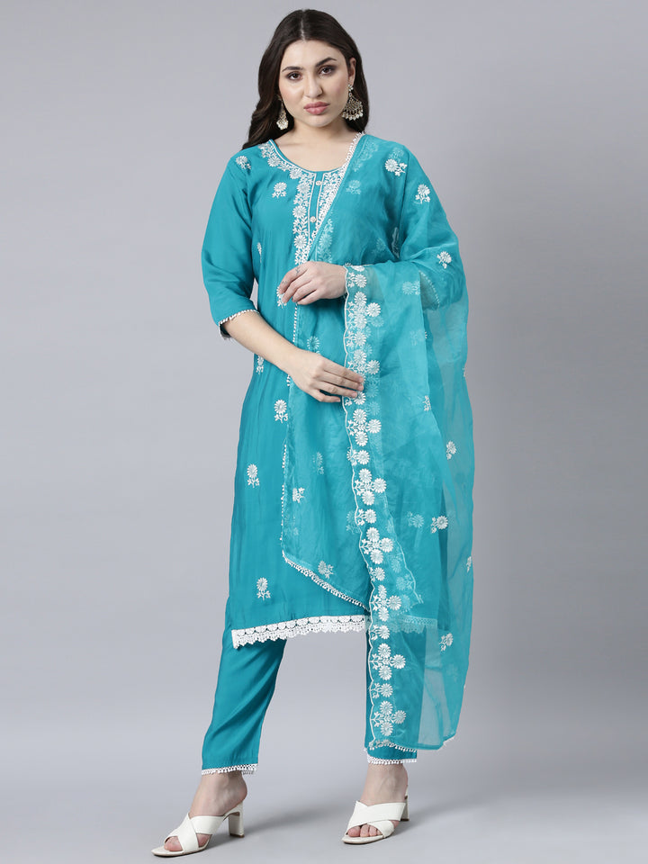 Neerus Blue printed floral suit set straight kurta with trouser and dupatta - front view