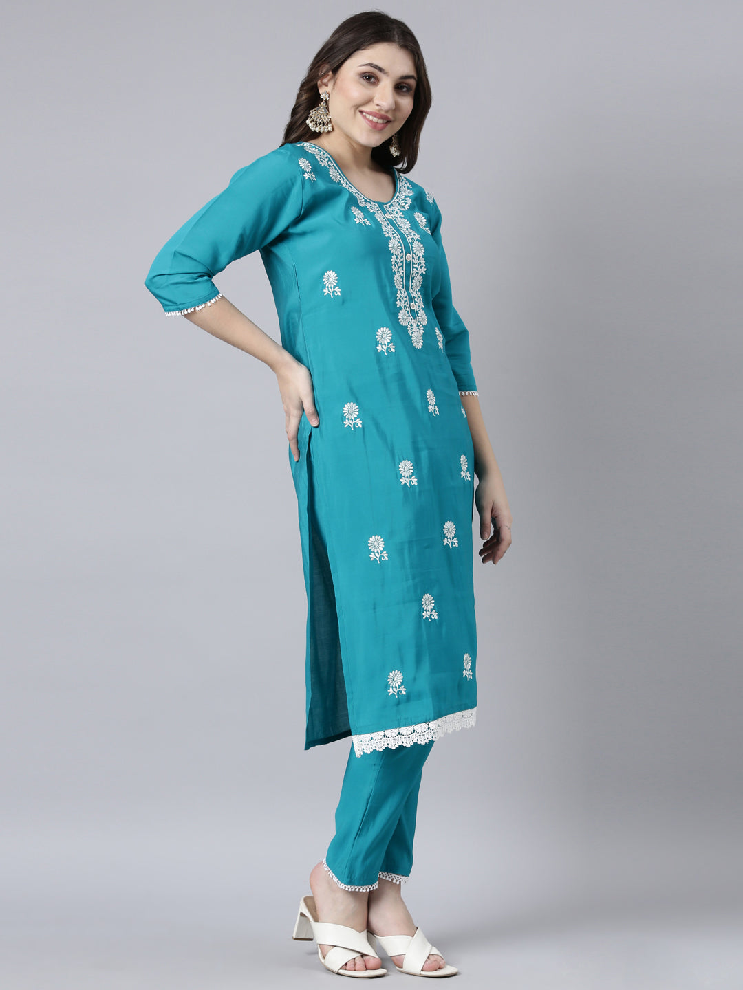 Neerus Blue printed floral suit set straight kurta with trouser and dupatta - back view