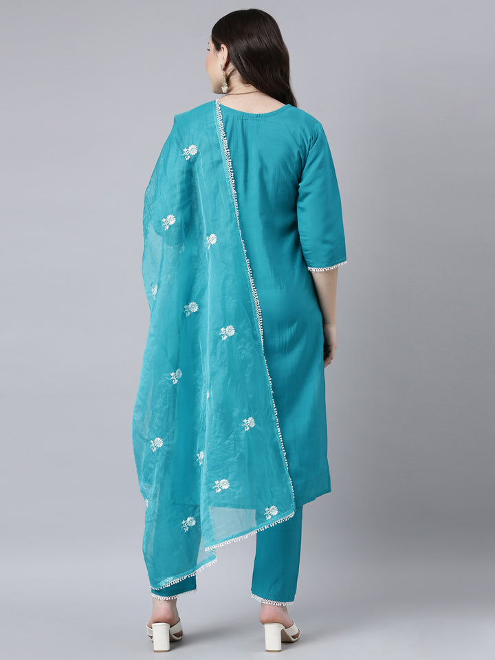Neerus Blue printed floral suit set straight kurta with trouser and dupatta - side view