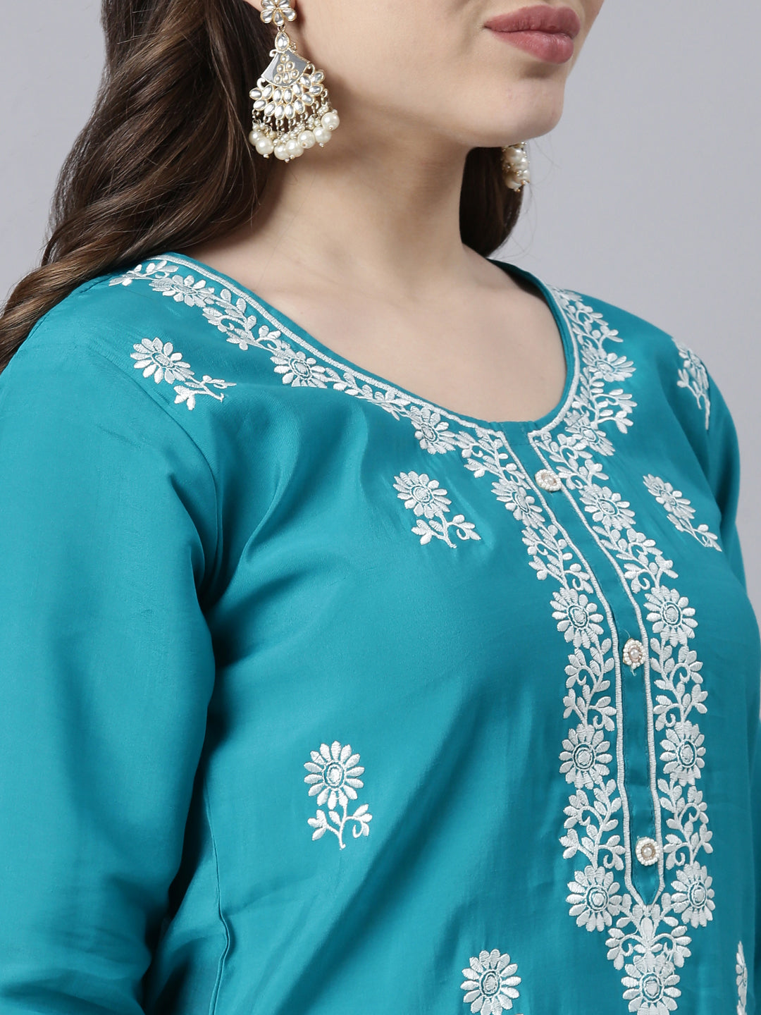 Neerus Blue printed floral suit set straight kurta with trouser and dupatta - detail view 1