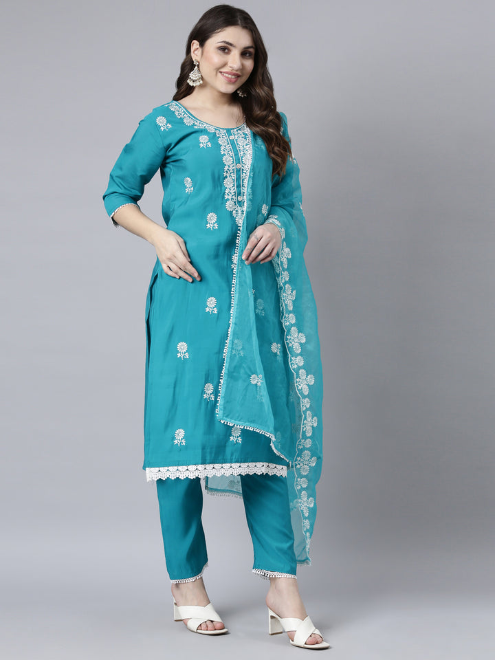 Neerus Blue printed floral suit set straight kurta with trouser and dupatta - detail view 2