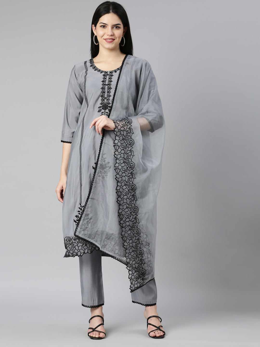 Neerus Grey printed floral kurta set with trouser and dupatta - front view