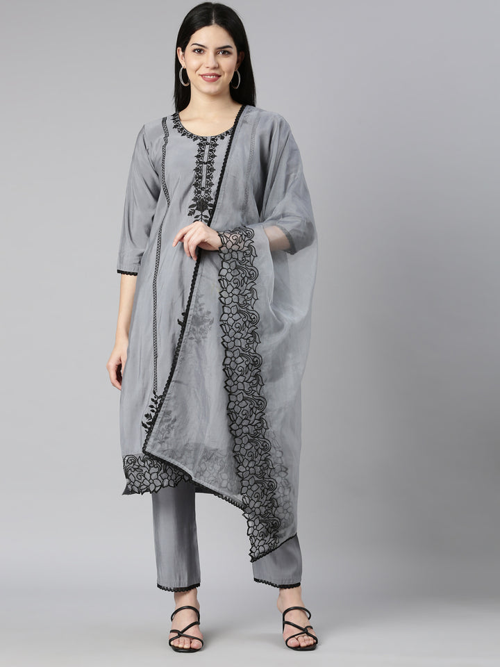 Neerus Grey printed floral kurta set with trouser and dupatta - front view