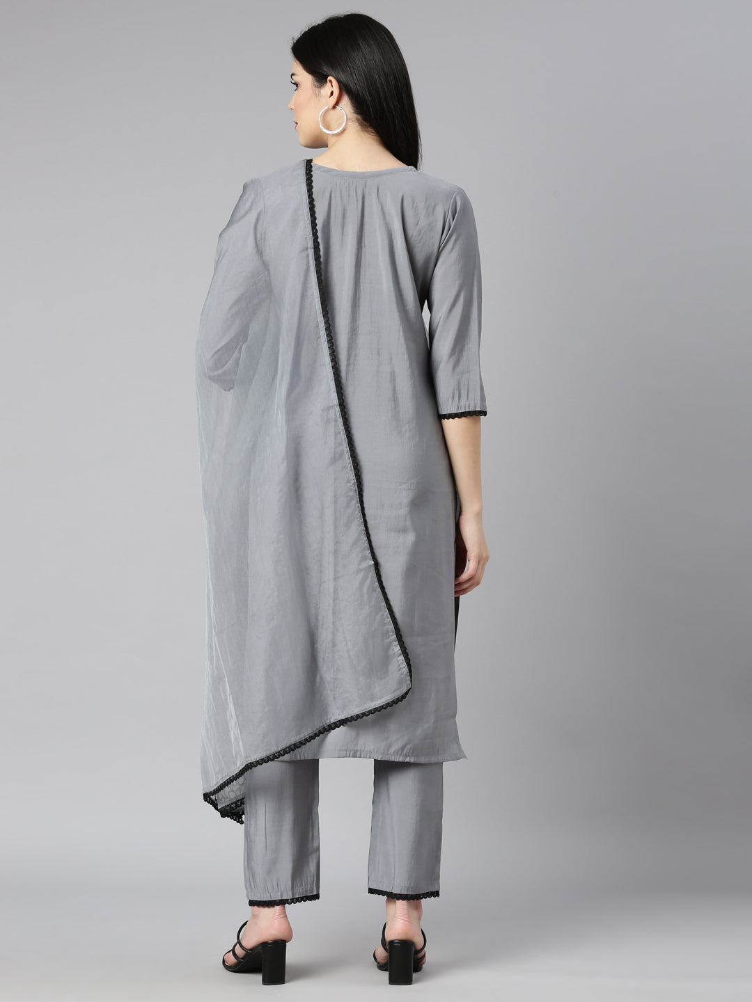 Neerus Grey printed floral kurta set with trouser and dupatta - side view