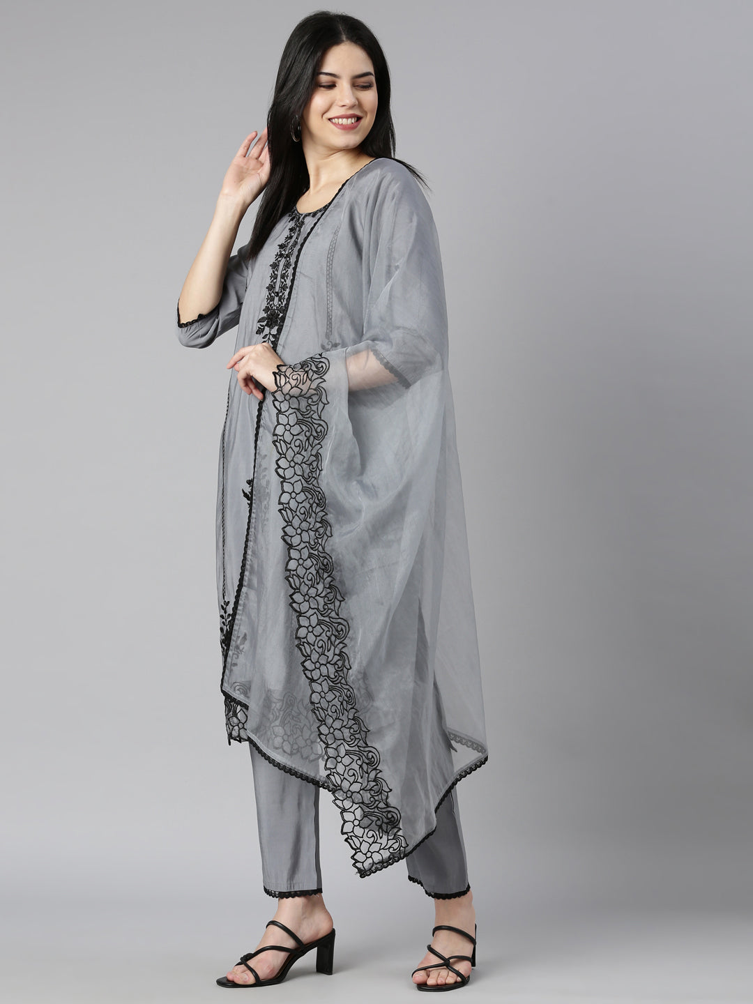 Neerus Grey printed floral kurta set with trouser and dupatta - detail view 2