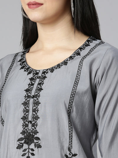 Neerus Grey Regular Straight Floral Kurta And Trousers With Dupatta