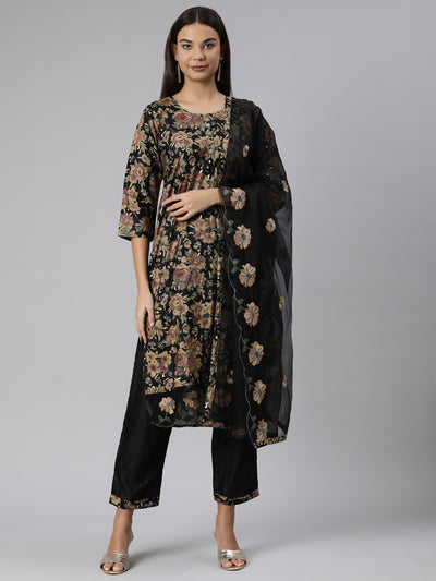 Neeru's Black Regular Straight Floral Readymade Suits