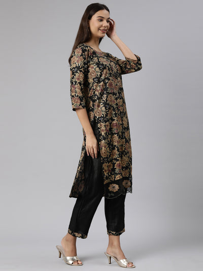 Neeru's Black Regular Straight Floral Readymade Suits