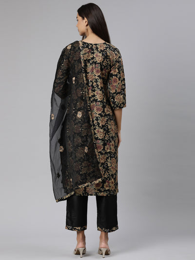 Neeru's Black Regular Straight Floral Readymade Suits