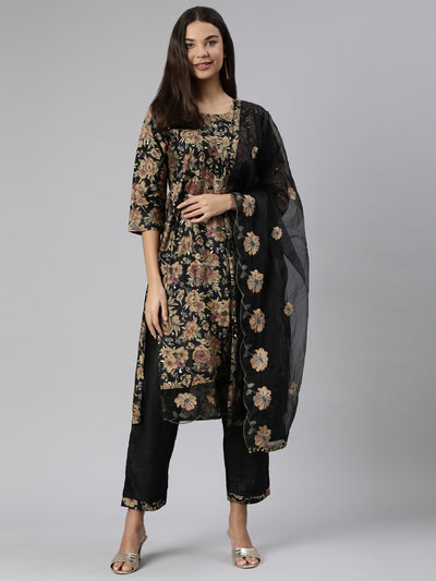 Neeru's Black Regular Straight Floral Readymade Suits
