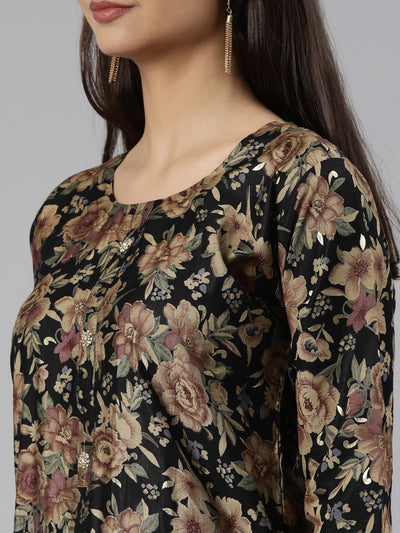 Neeru's Black Regular Straight Floral Readymade Suits