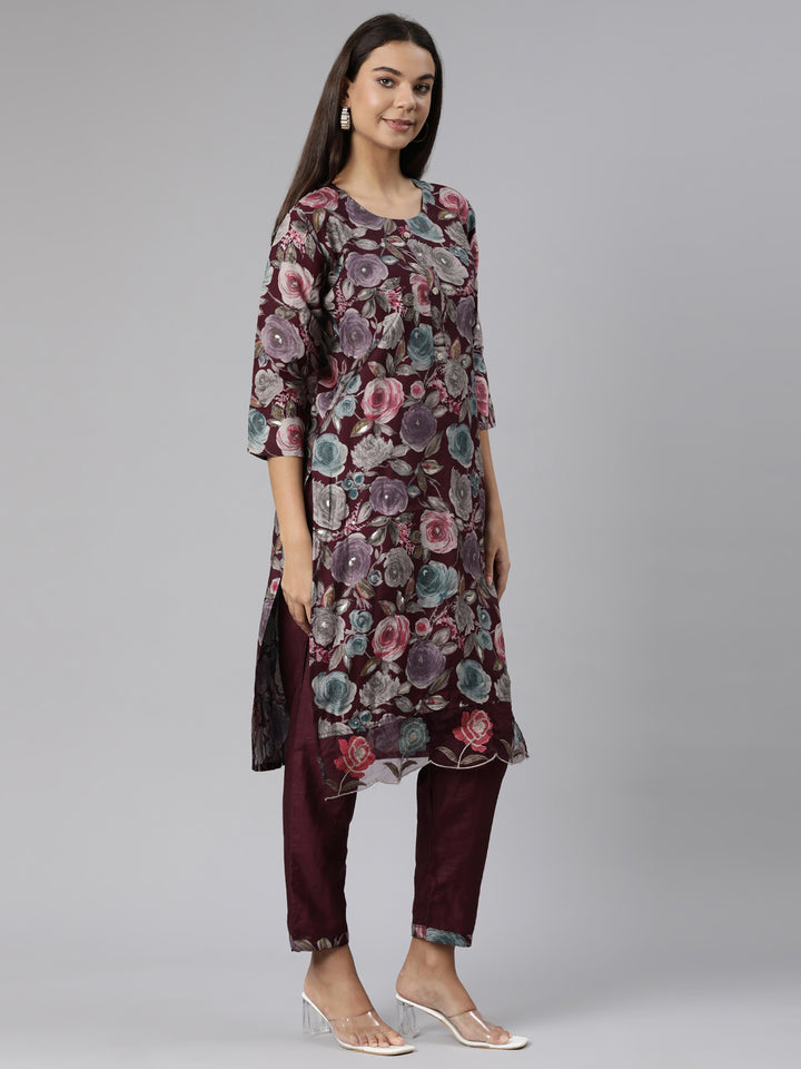 Neerus Purple printed floral suit set - back view