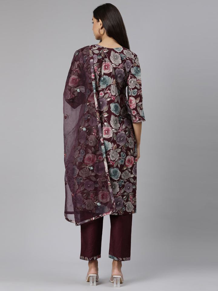 Neerus Purple printed floral suit set - side view