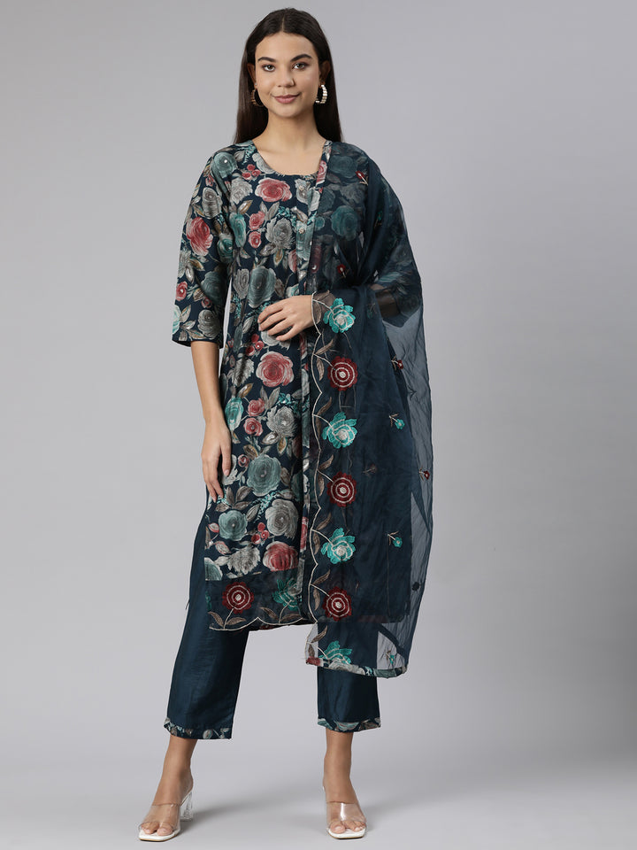 Neerus Green printed floral suit set straight kurta with trouser and dupatta - front view