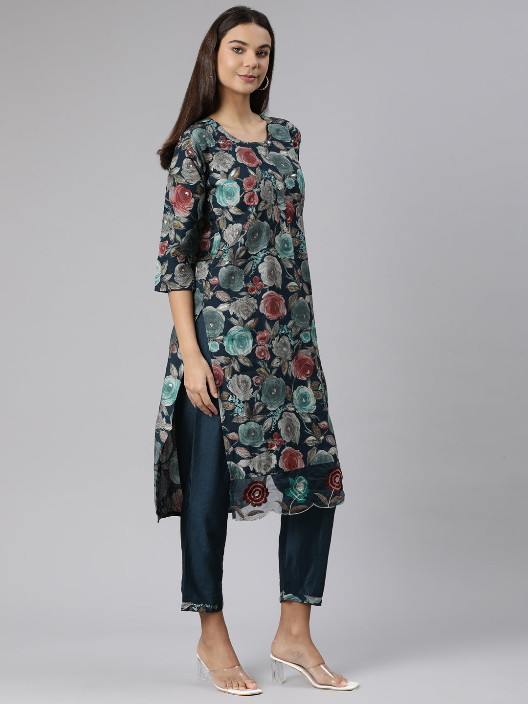 Neerus Green printed floral suit set straight kurta with trouser and dupatta - back view