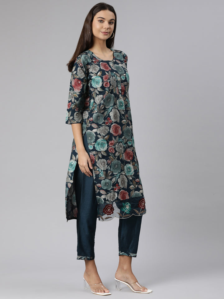 Neerus Green printed floral suit set straight kurta with trouser and dupatta - back view