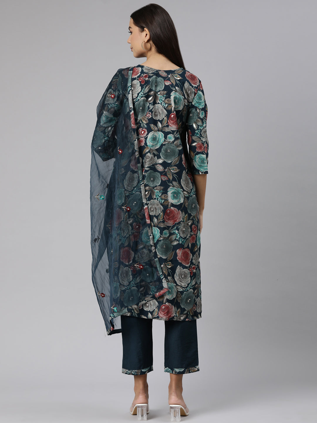 Neerus Green printed floral suit set straight kurta with trouser and dupatta - side view